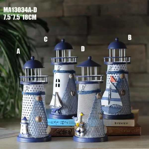 Nautical Marine Iron Tealight Holder Mediterranean Style Lighthouse Nautical Fish Net Shell Buoy Decor