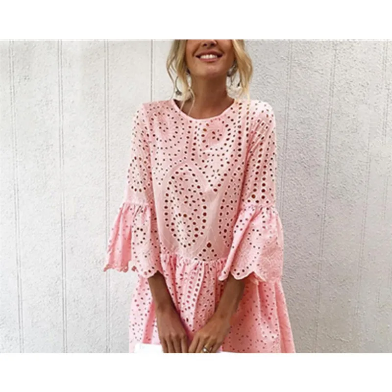 Lace Embroidery Cotton Dress Women Ruffle Sleeve Causal Summer Dresses