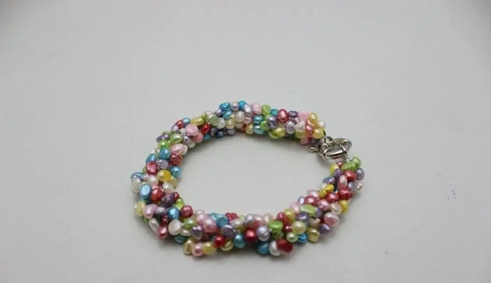 

5 strands 4mm Multi-color Freshwater Pearl bracelet 9INCH "handmade" Alloy >>free shipping -Bride jewelry free shipping