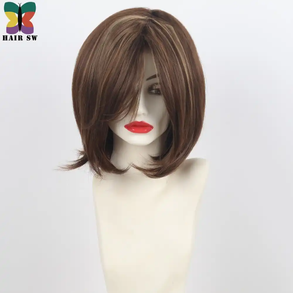 Hair Sw Medium Length Straight Bob Wig Brown Hair Blonde Highlights Synthetic Layered Haircuts Women S Wig With Side Bangs