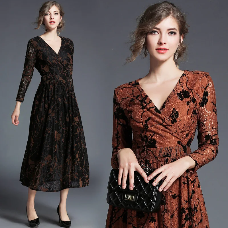 Women's Clothing Europe Style 2018 New Spring Autumn Fashion V Neck Flowers Embroidery Dress