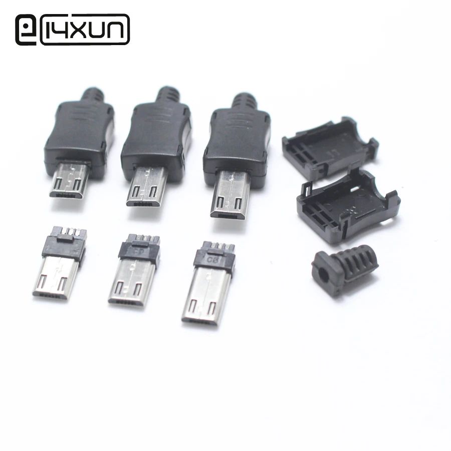 

5set Micro USB 5PIN Welding Type Male Plug Connector 4 in 1 Charger 5P USB Charging Socket with Tail Black Long Type 10mm 12mm