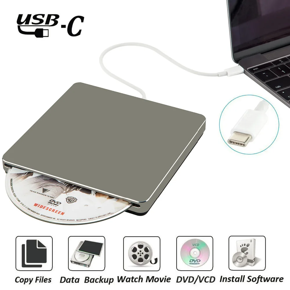 USB3.0 внешний dvd-плеер CD привод USB C супердрайв Внешний DVD/CD+/-RW записывающийся-для MacBook Pro/Air/ноутбука/Windows10(серый