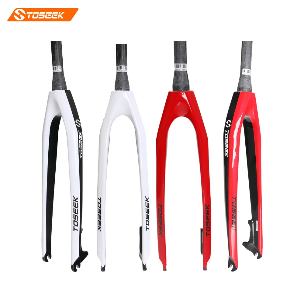 

TOSEEK Tapered Bicycle Hard Fork Brakes 26/27.5/29 Inch Mountain Bike carbon front Fork Bike Accessories red white gloss