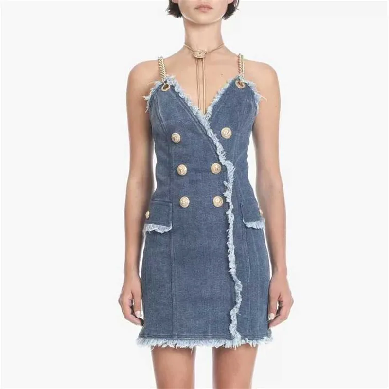 denim dress with gold chain straps