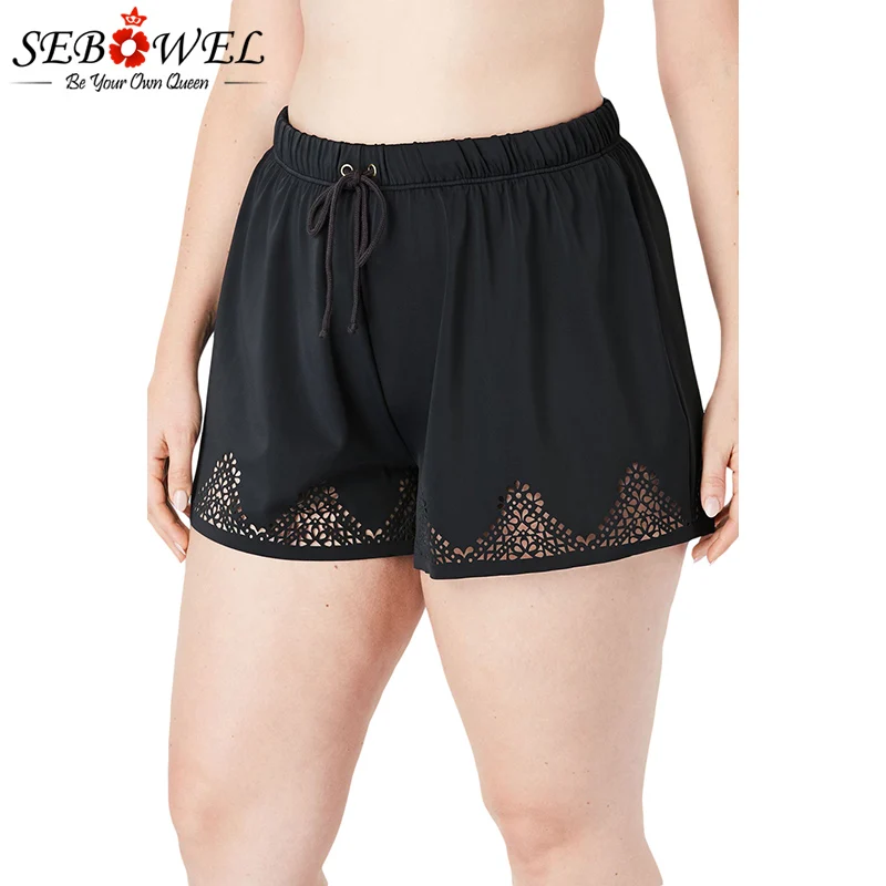 

SEBOWEL 2019 Black Sky Blue Laser Cut Swim Short With Tummy Control Women Hollow Out Swimwear Bikini Bottom Braga Alta