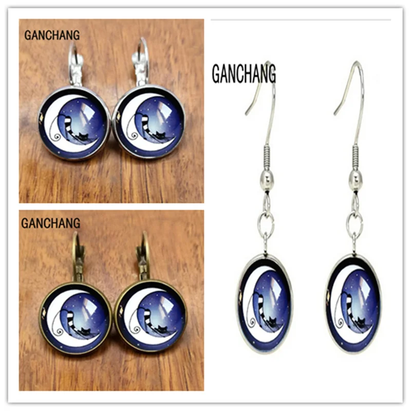 

cat in the moonlight, midnight blue ring, silver, bronze glass cabochon earrings