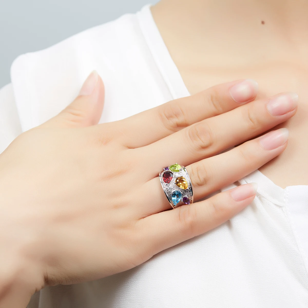 

Hutang Natural Multi-color Gemstone Ring Solid 925 Sterling Silver Fine Jewelry Peridot Blue Topaz Citrine Amethyst Garnet Rings
