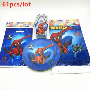 

Spiderman Theme 61pcs/lot kids Boy Birthday Party paper Cups Plates Tablecloth Event Party Cartoon Candy Gift Bag Supplies