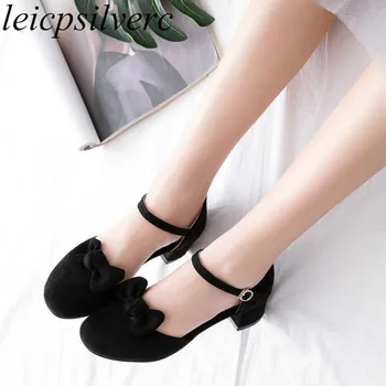 

Women's Sandals Med Heel Flock Buckle Square Toe Butterfly-knot Thick Heel 2019 New Sexy Fashion Spring Summer Big Size 34-43
