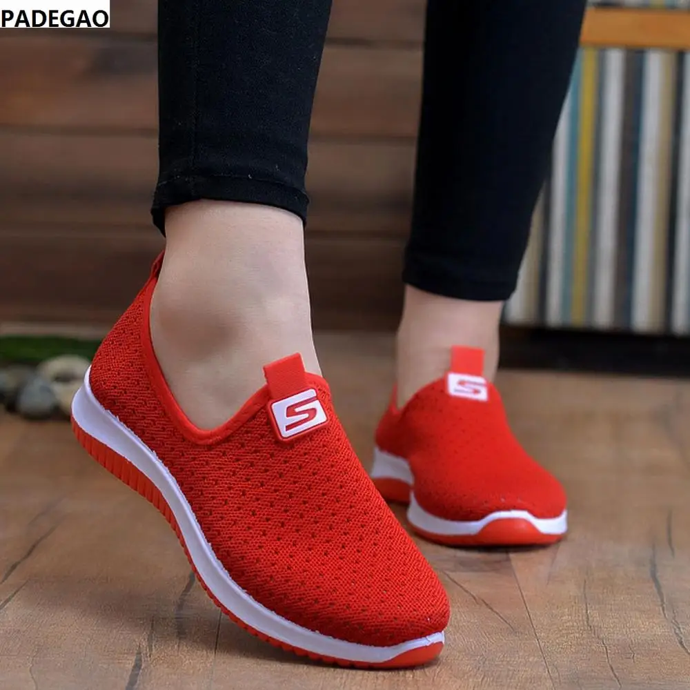 

plus size breathable air mesh sneakers women 2019 spring summer slip on platform knitting flats soft walking shoes woman