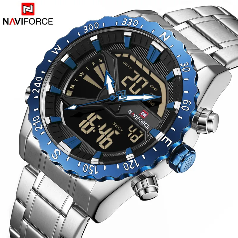 Мужские часы NAVIFORCE, мужские военные спортивные часы, светодиодный Аналоговый Цифровой наручные часы, модные мужские кварцевые часы из нержавеющей стали 9136