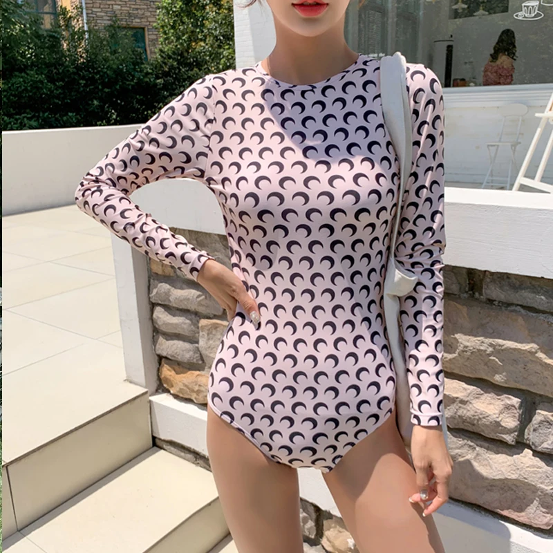 

Long Sleeve One Piece Swimsuit Women Moon Print Rash Guard Open Back Swimwear High Neck Monokini Push Up Surf Suit Backless Dive