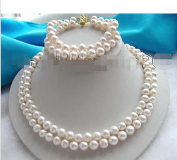 

shipping2r Natural White 9mm Pearl Necklace Bracelet A Set 14KGP!