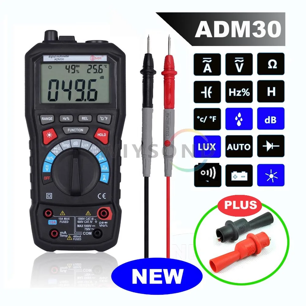 

ADM30 5 in 1 Auto Range Digital Multimeter with Humidity Sound Meter Noise Thermometer Luxmeter Luminance Function