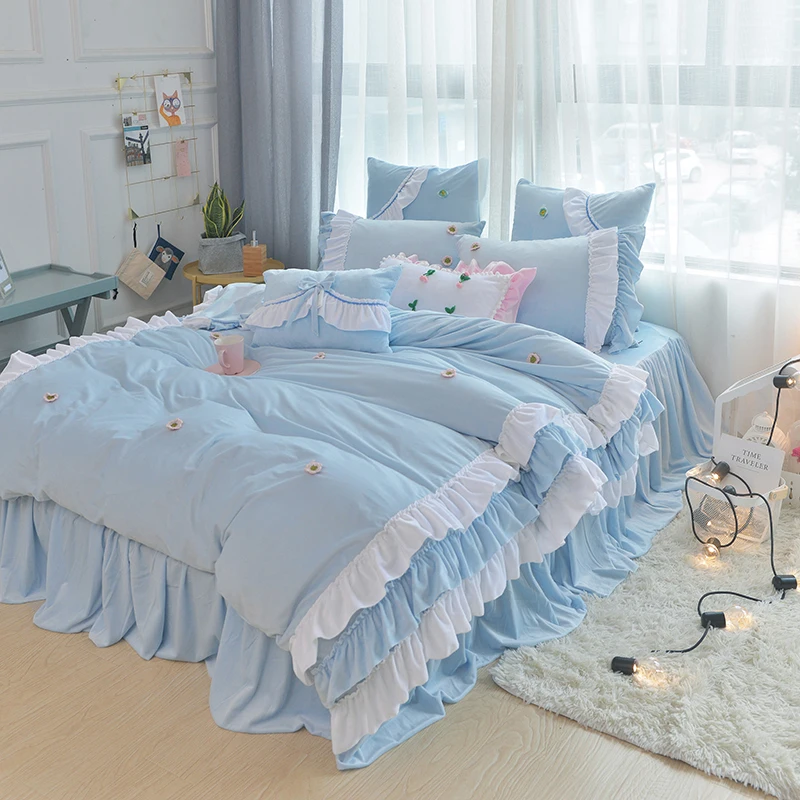 

Winter Soft Velvet Fabric Bedding Set Queen Size King Size Pink Blue White Korean Style Princess Ruffle Duvet Cover Bed Skirts