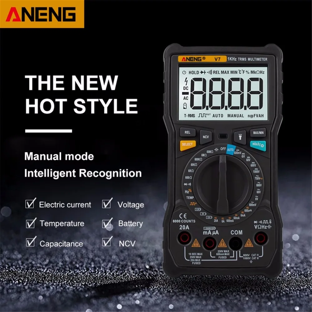 

ANENG V7 NCV Digital Multimeter AC/DC Voltmeter Ammeter True RMS Diode Temp Ohm Resistence Tester Data Hold Auto Range