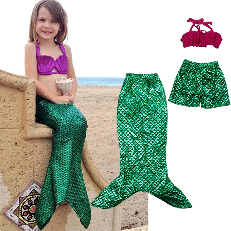 Girl Kids Swimmable Mermaid Tail Swimwear 3Pcs Set Children Bikini Bathing Suit Swimsuit Beach Wear Baby Swimming Costume 3-8Y