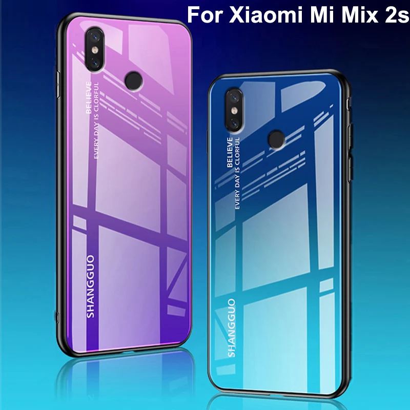 Чехол из закаленного стекла для Xiaomi Mi Mix 2s градиентные цвета Синие лучи Аврора