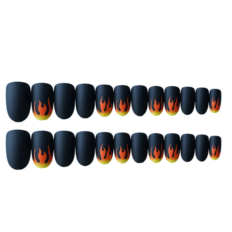 24pcs-Set-Punk-Fire-Pattern-Matte-False-Nails-Dark-Black-Pre-design-Short-Round-Head-Full(4)