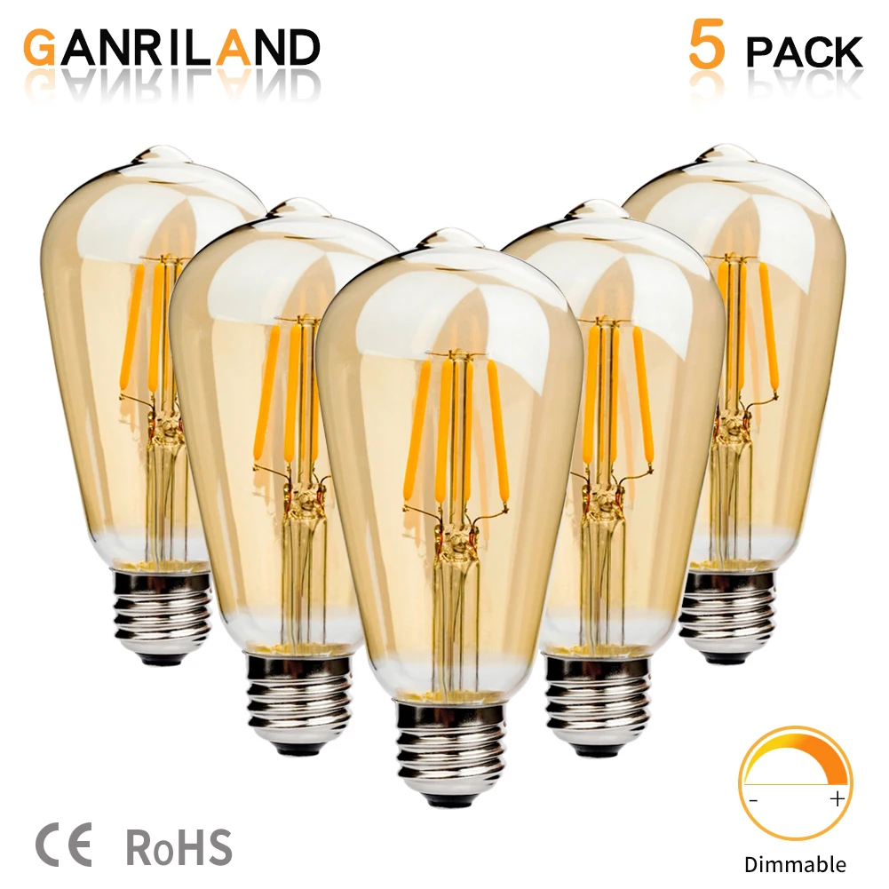 GANRILAND Dimmable 에디슨 레트로 빈티지 필 라 멘 트 LED 전구 ST64 4W 6W 황금 커버 빛 램프 220V..