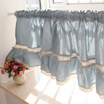 

Free shipping blue lace juxtaposition hem short curtain coffee curtain kitchen curtains for living room bedroom W 175 cm H 50 cm