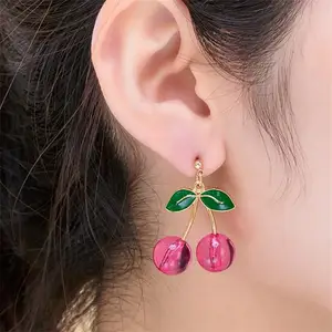 Little Fresh Love Cherry Earrings Enamel Cherry Long Drop Earrings Women's Jewelry Pendientes Jewelry Gifts