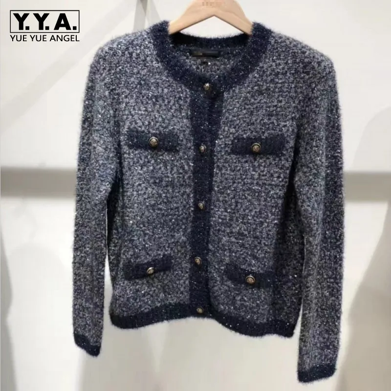 Best Price 2019 Autumn Winter Women Knitted Cardigan Elegant Sequined Outwear Coat Slim Fit Female Sweater Single Breasted Pockets Sweaters