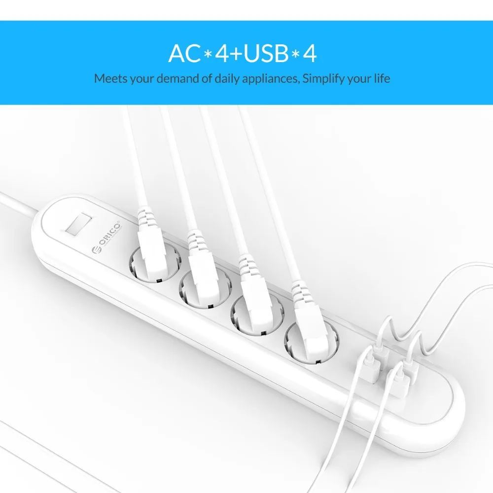 ORICO HPC EU/US/UK Plug 8 Outlet Surge Protector EU Power Stirp with 5 x 5V2.4A USB Super Charger Ports - White&Black ORICO HPC EU/US/UK Plug 8 Outlet Surge Protector EU Power Stirp with 5 x 5V2.4A USB Super Charger Ports - White&Black