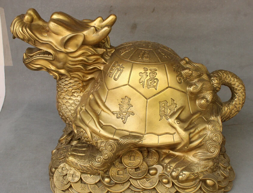 

Fast shipping USPS to USA S1782 20" Chinese FengShui Pure Brass Wealth Coin Fu Shou Cai Dragon Turtle Statue