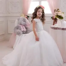 Кружевные Платья с цветочным узором для девочек, Белое Бальное Платье, большие размеры, платье для первого причастия для девочек, пышные платья для девочек