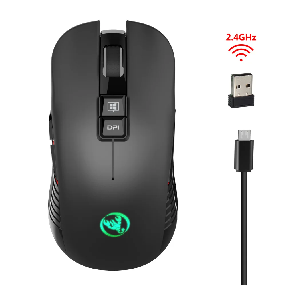 

HXSJ new wireless charging mouse 7 color light 3600DPI gaming mouse wireless support USB and Type-c interface black mute Mice