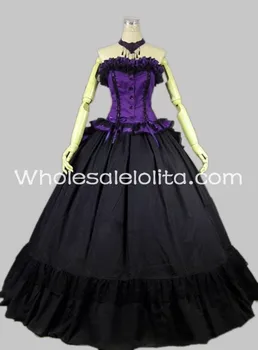 

Gothic Black and Purple Sleeveless Victorian Reenactment Dress Ball Gown