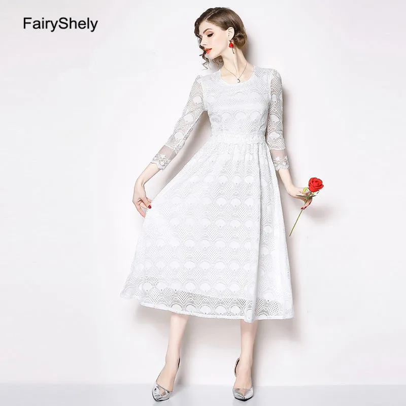 

FairyShley 2019 Autumn Long Sleeve White Midi Plus Size Dress Women Sexy Elegant Lace Club Celebrity Evening Party Dress 3XL