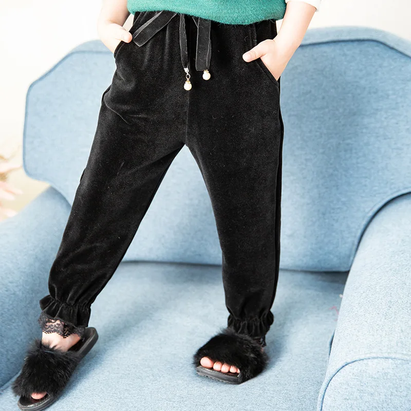 Штаны для девочек; коллекция года; сезон осень-зима; Новые корейские кружевные повседневные вельветовые штаны с цветочным принтом для девочек; длинные штаны для детей