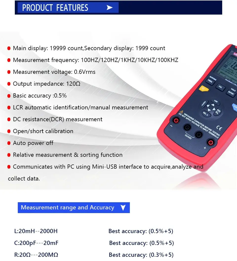 UNI-T UT611 UT612 индуктивность емкость Сопротивление метр Авто Диапазон LCR метр с ЖК-подсветкой дисплей удержания данных