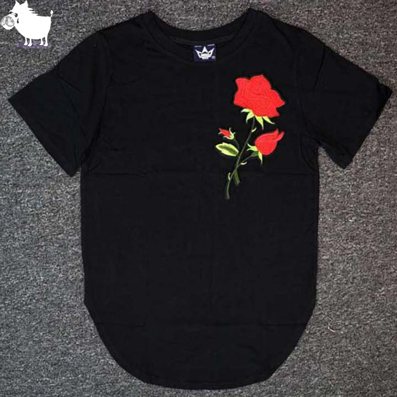 

Hipster Rock Rapper Hiphop Drake Circarc Rose Emb Short Sleeve T-shirt Extended Lengthen Tee Shirt Men Brand Asian Size M-XXL