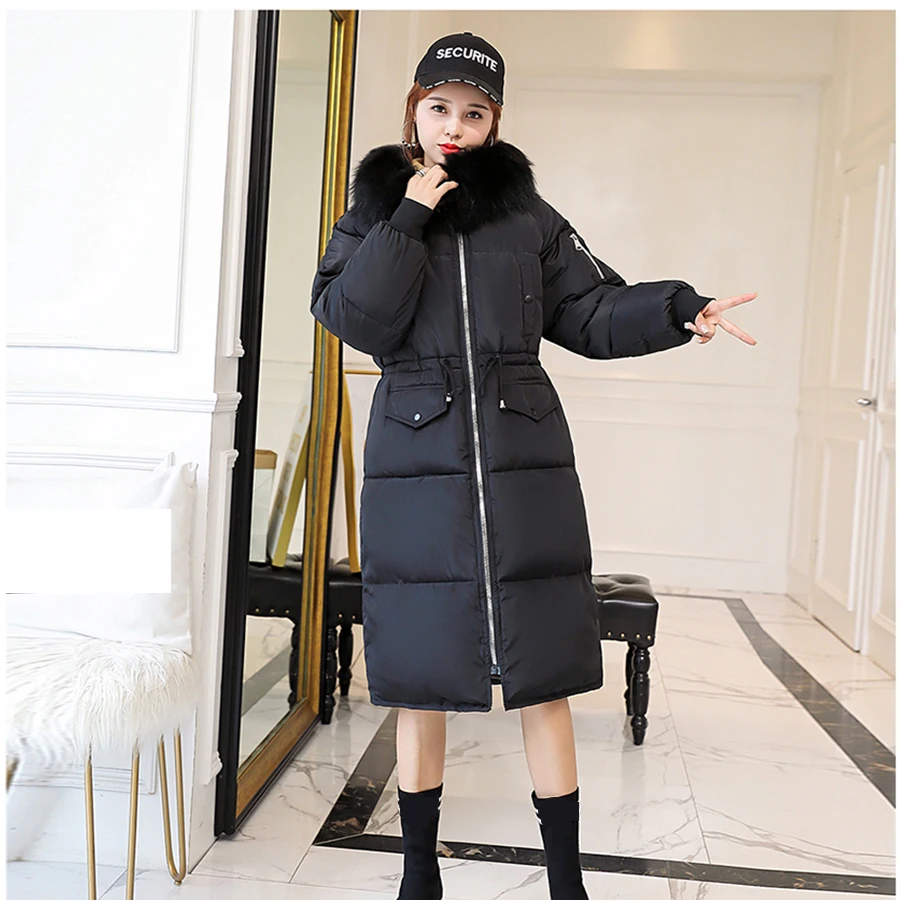 Winter women Down Coat Long Section Thick Fur Collar Warm Korean Version Large Size Waist Draws Loose Cotton Coat Fashion New