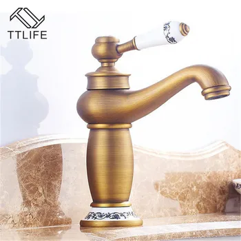 

TTLIFE Vintage Antique Brass Faucet Stream Spout Tap Bathroom Basin Sink Faucet Solid Brass Hot & Cold Water Mixer Vanity Sink