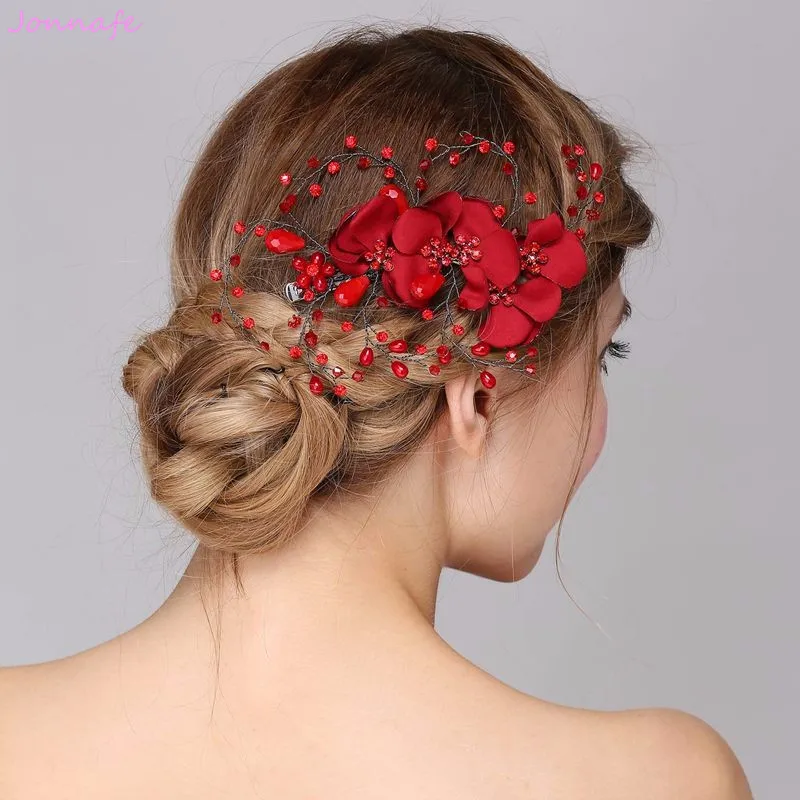 Jonnafe Red Flower Women Prom Headpiece Bridal Hair Clip Comb Crystal