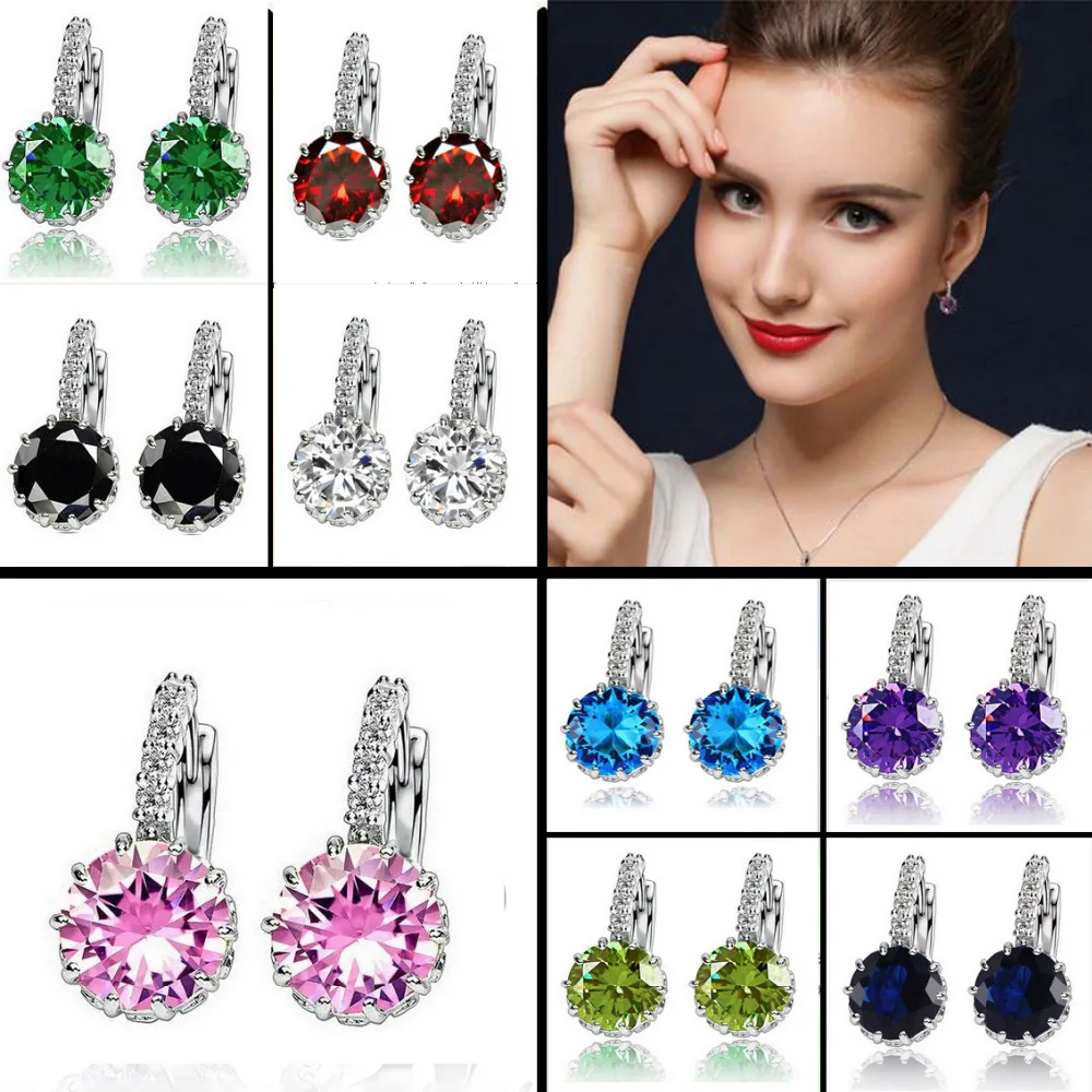 

Free Shipping 9 Color Black Red Silver Zircon Hoop Earrings For Women Copper Crystal Stud Earring Fashion Wedding Jewelry