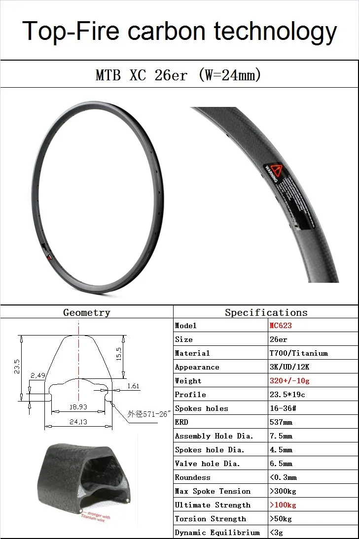 Sale 26 inch mountain bike rim MTB bicycle tubless rims with 23.5mm depth 24mm width carbon clincher rim 0