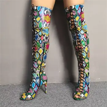 

Luxury Brand Design big size 35-47 colorful snake print Women Shoes Woman Sexy thin High Heels summer boots over the knee Boots