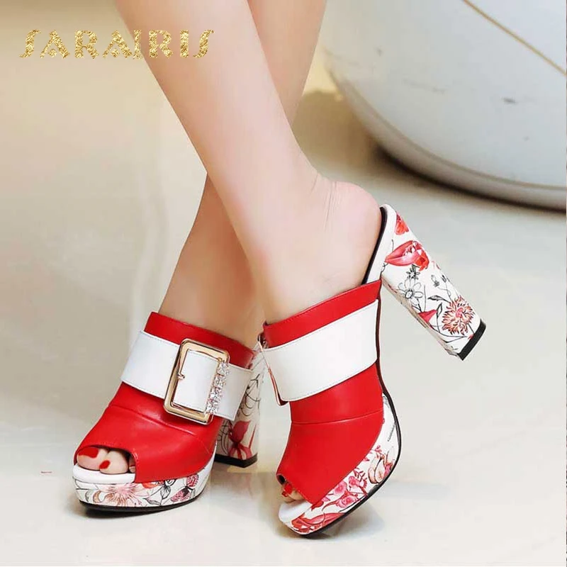 

SaraIris Flower Printed High Heel Open Peep Toe Platform Rhinestone Buckle Summer Party Wedding Shoes Woman Slipper Sandals