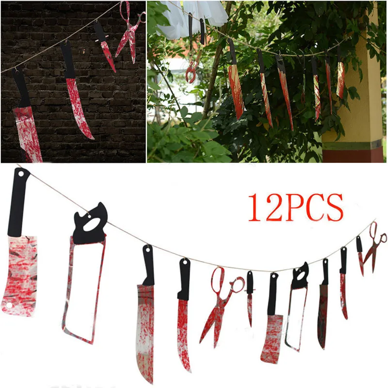 12Pcs Bloody Plastic Knife Halloween Haunted House Bloody Knife Hanging Garland Banner Decor
