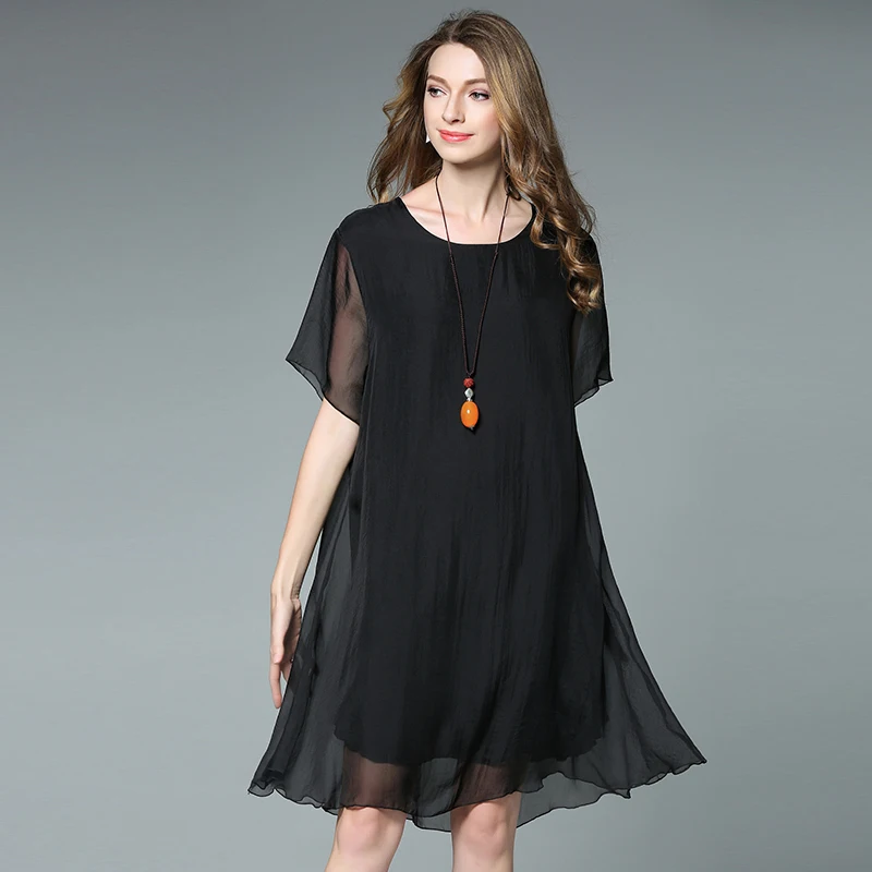 4XL women summer dress silk chiffon loose black plus size short sleeve ...