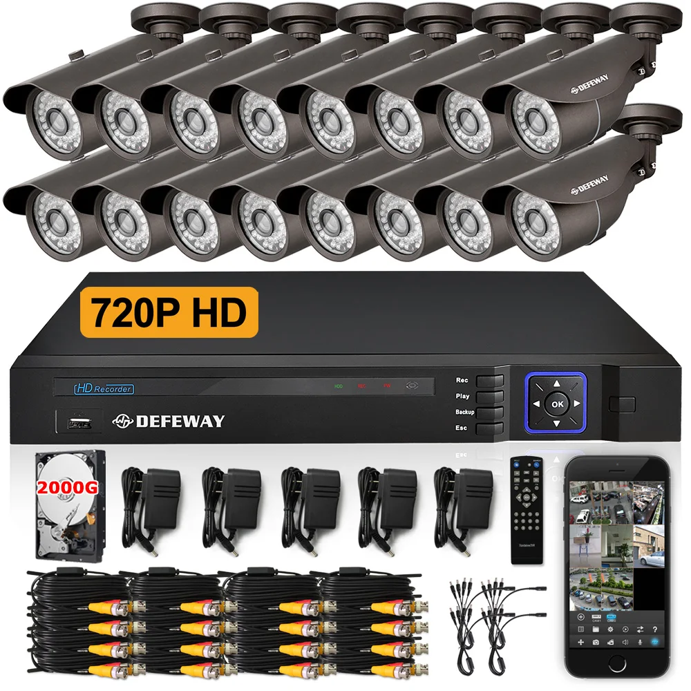 

DEFEWAY 16channel 720P CCTV KIT 16PCS 720P Surveillance Security System IR Cut Night vision Indoor Outdoor Camera 2TB HDD