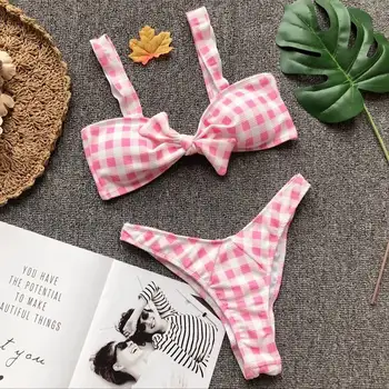 

2019 Women Bra & Brief Sets Women Bow Plaid Bikini Bra Swimsuit High Waist Bathing Beachwear swimwear