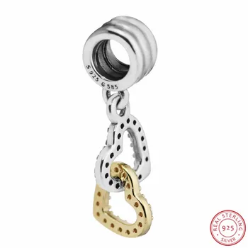 

925 Sterling Silver and 14K Gold Interlocked Hearts Pendant Charm Beads DIY Fit PANDORA Charms for Jewelry Making FL556K