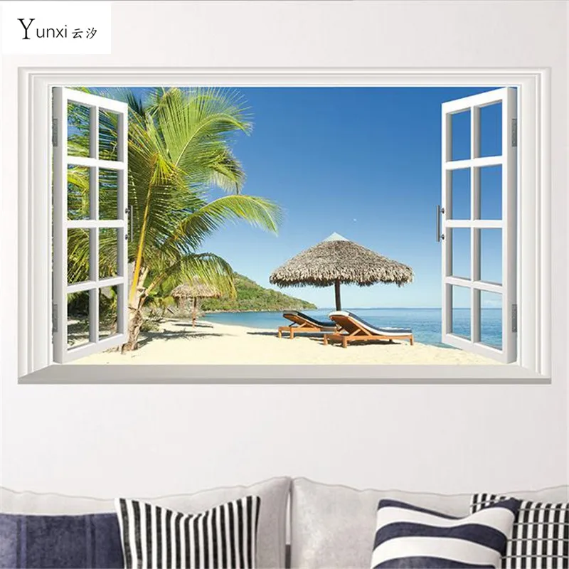 YunXi 2017 Hot Beach Holiday False Windows Stickers PVC Wall Stickers
